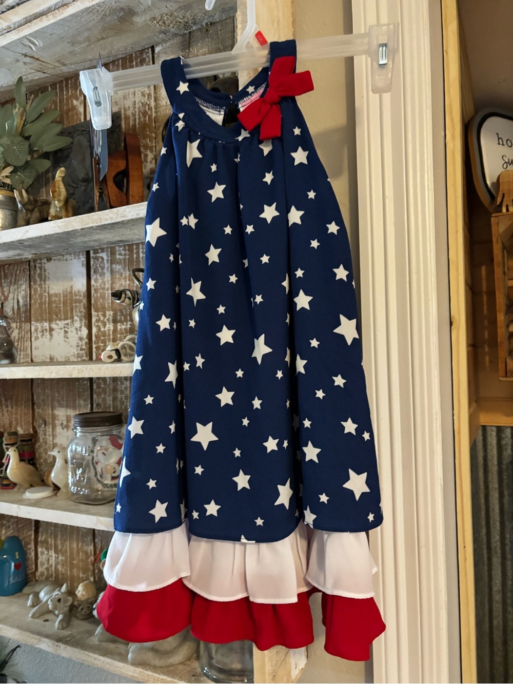 Good Lad Navy Blue Star Print Dress with White and Red Ruffle